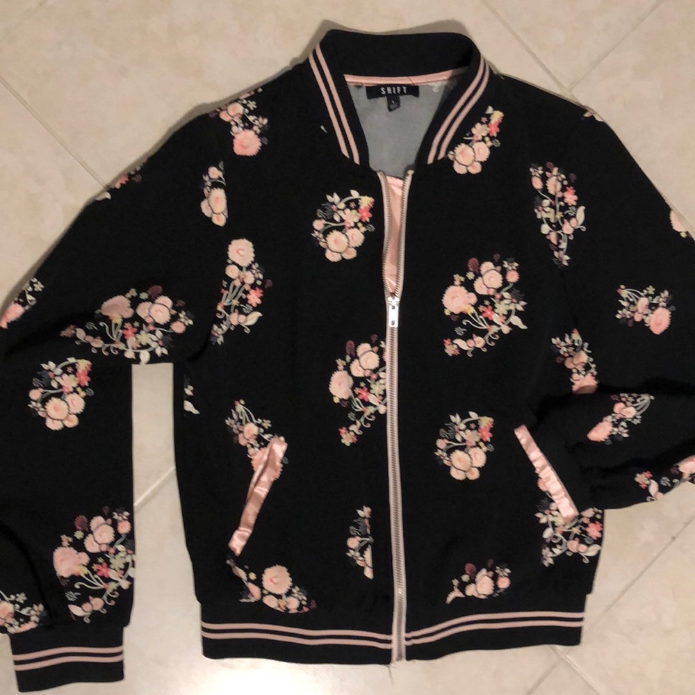 Ladies black and pink satin trim jacket